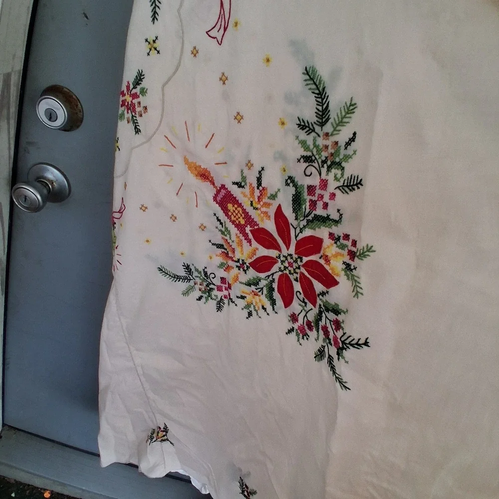 Vintage Christmas Tablecloth Embroidered Poinsettia Candle Bell Scalloped 60x120